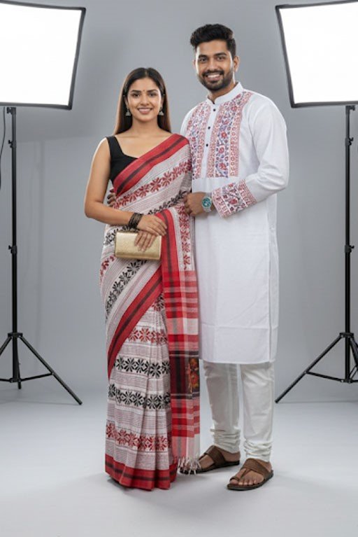 কাপল ড্রেস কালেকশন চান্দুরি সিল্ক শাড়ি ও ধুপিয়ান পাঞ্জাবি